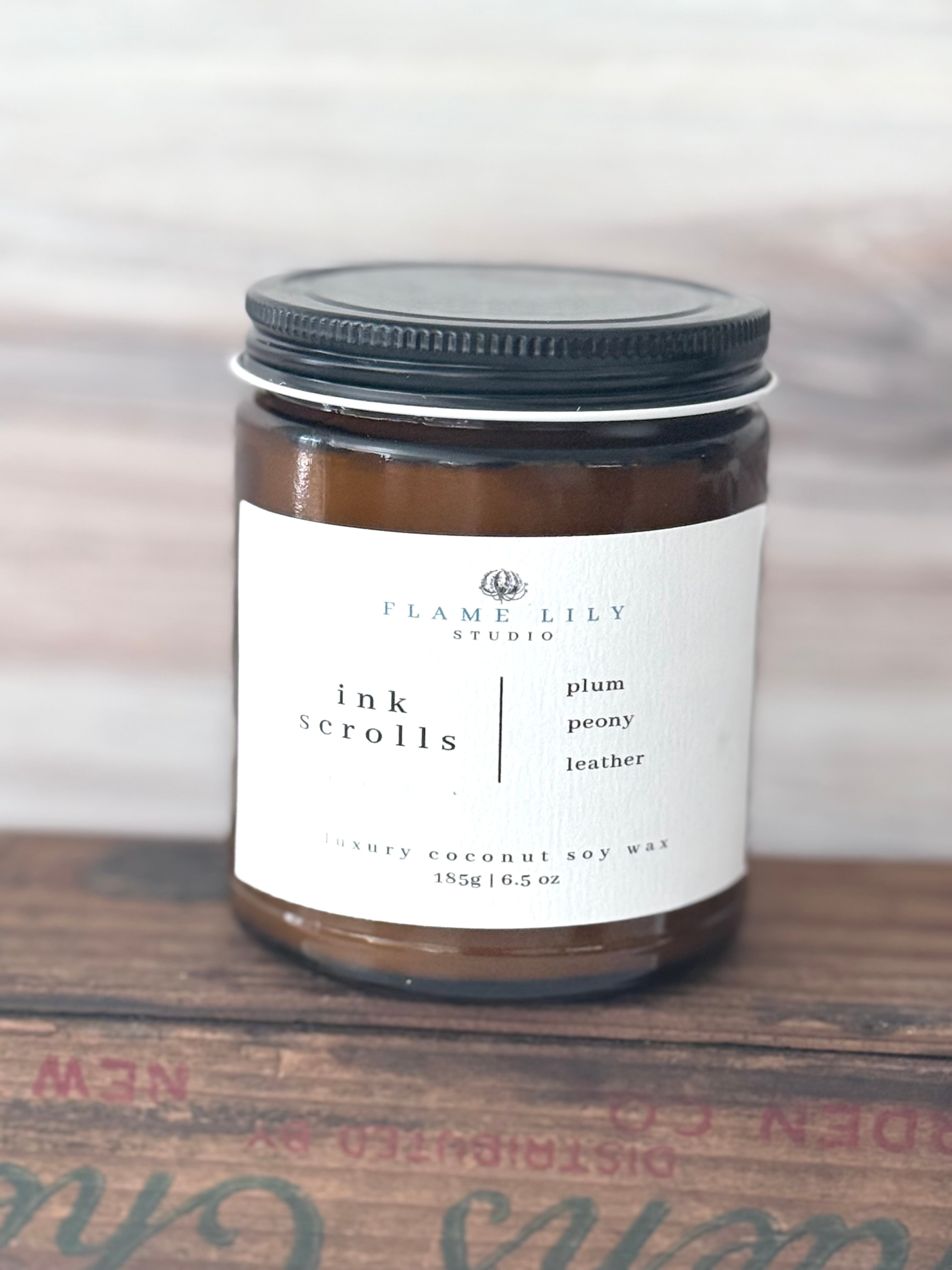 8 oz Amber Candle - Ink Scrolls (Plum + Leather)